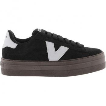 Zapatillas Victoria de serraje para mujer, color negro, con plataforma y piezas en contraste