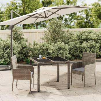 3-Piece Grey Poly Rattan Garden Dining Set with Cushions