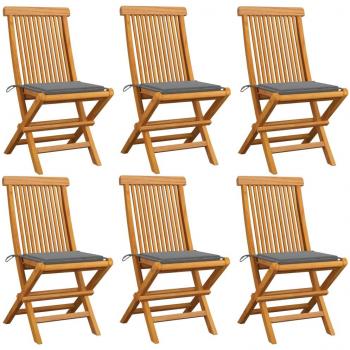 Teak Wood Garden Chairs Set of 6 with Grey Cushions