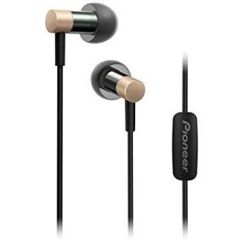 Pioneer SE-CH3T(G) Hi-Res Audio In-Ear Headphones (Aluminium body, Control panel, Microphone, light-compact-comfort, for iPhone, Android Smartphones, minimalist design), Gold