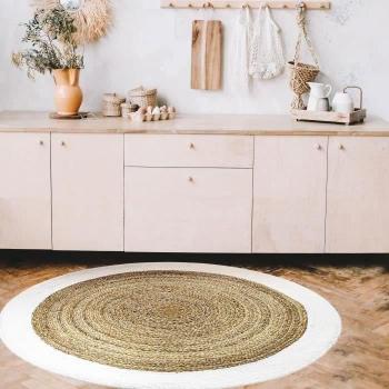 Alfombra redonda de yute natural con borde blanco diámetro 160 cm