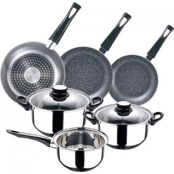 Juego de Batería de Cocina San Ignacio Palma 5pc en Acero Inoxidable + Set de 3 Sartenes 16/20/24cm en Aluminio Prensado