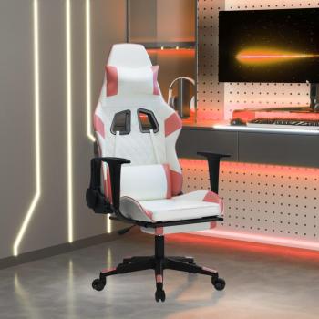 White and Pink Faux Leather Gaming Chair with Footrest
