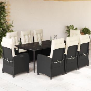 9-Piece Black Poly Rattan Garden Dining Set with Cushions