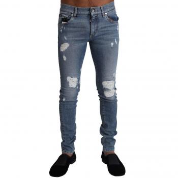 Dolce & Gabbana Light Blue Tattered Cotton Denim Skinny Jeans - IT44 | XS
