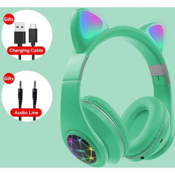 Auriculares Inalámbricos Bonitos de Gato con LED, Estéreo Bluetooth y Micrófono para Niños