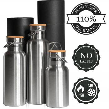Pure Design Botella Termica 1 Litro Acero Inoxidable Portátil con Tapa de bambú Madera. Botella Agua Deporte 1l Rreutilizable, Sin BPA & Plástico & Logos, 110% Garantia de por Vida