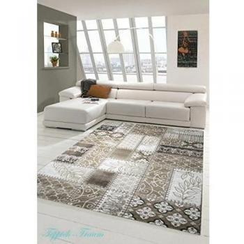 Alfombra de diseño contemporáneo Alfombra de lana Alfombras patchwork de salón alfombra alfombra de ornamento Marrón Beige Crema Größe 80 x 300 cm