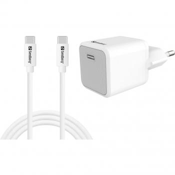 Cargador USB-C 20W Sandberg con Cable USB-C a USB-C de 1M - Adaptador de Corriente 2 en 1, PD 3A