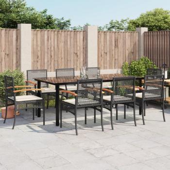 9-Piece Black Poly Rattan Garden Dining Set with Cushions