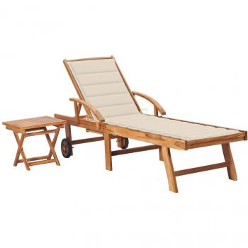 Solid Teak Wood Sun Lounger with Table and Cushion