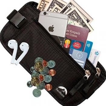 Swiftons - Riñonera plana con bloqueo de señal RFID, para guardar dinero en efectivo, documentos y tarjetas de forma segura al viajar
