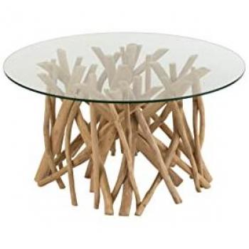 Mesa de Centro Redonda de Teck y Cristal D80 Natural Beige