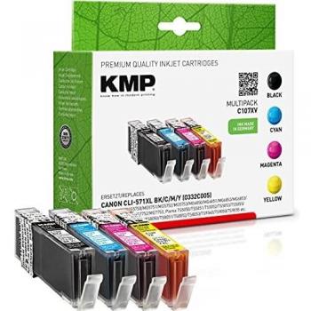 Cartucho de Tinta KMP C107XV Compatible para Canon CLI-571 XL, Set de 4 Colores (Negro, Cian, Magenta, Amarillo), 11ml cada uno