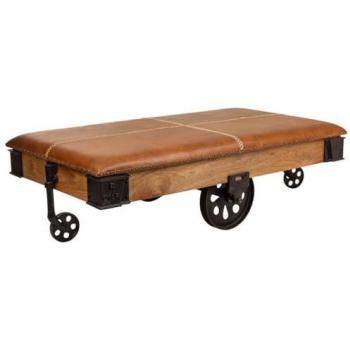 Mesa de Centro WANDERLUST DECO de Madera, Metal y Piel Marrón con Dimensiones 165x90x52h cm, Estilo Colonial, 4 Puertas y Ruedas