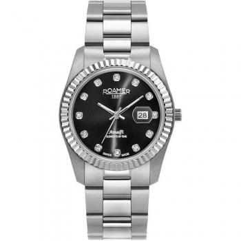 Reloj Roamer Swiss® Amalfi 852844-41-59-20, reloj de mujer, mecanismo suizo, resistente al agua hasta 50 metros, caja de acero inoxidable, esfera blanca con detalles en dorado, correa