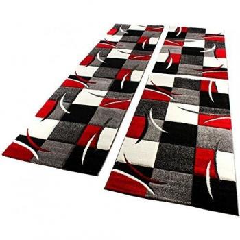 Set de 3 Alfombras Modernas para Dormitorio - A Cuadros - Rojo, Gris, Negro y Blanco (2x 60x110 cm, 1x 80x300 cm)
