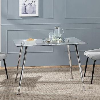 Mesa de Comedor Versátil Hyrynsalmi de Cristal Templado con Patas de Acero Cromado 110 x 70 x 75 cm - Transparente y Cromo