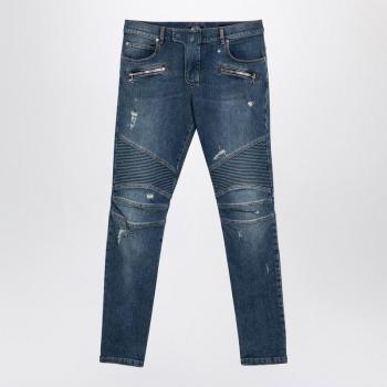 Balmain Men's Slim-Fit Denim Biker Jeans in Blue | Size W34 | DH1MG009DE57