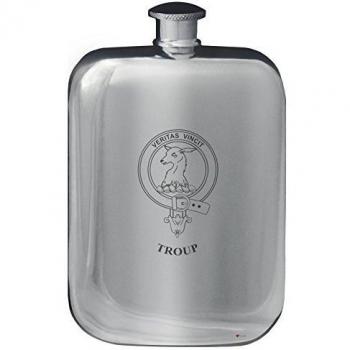Troup Family Crest Design Pocket Hip Flask 6oz Rounded Polished Pewter