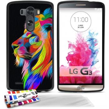 Carcasa flexible Ultra-Slim LG G3 VS98 de exclusivo motivo [Leon multicolor] [Negra] de MUZZANO + 3 Pelliculas de Pantalla UltraClear + ESTILETE y PAÑO MUZZANO® REGALADOS - La Protección Antigolpes ULTIMA, ELEGANTE Y DURADERA para su LG G3 VS98