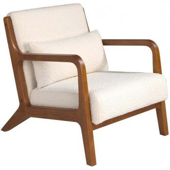 Sillón tapizado en tela y nogal ANGEL CERDÁ 5100C, color blanco, medidas 68 x 86 x 74 cm