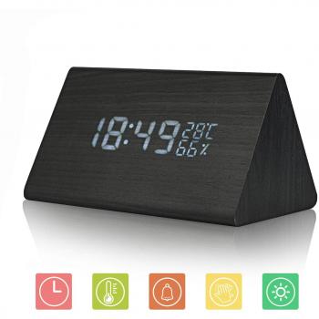 JoyShop Reloj Despertador Reloj Digital de Madera Triángulo LED Reloj de Escritorio de Alarma de Madera con Fecha y Temperatura Control táctil por Voz para niños Adolescentes
