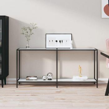 Mesa consola de vidrio templado 160x35x75,5 cm transparente y negro con diseño de mármol blanco, ideal como mesa de sofá o mueble recibidor