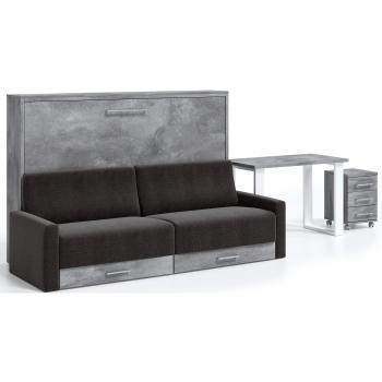 Cama abatible horizontal 140x190 con cajones y sofá Berka gama alta - Estructura gris cemento y sofá marrón oscuro