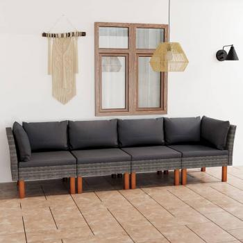 4-Seater Outdoor Sofa with Gray Cushions in Poly Rattan