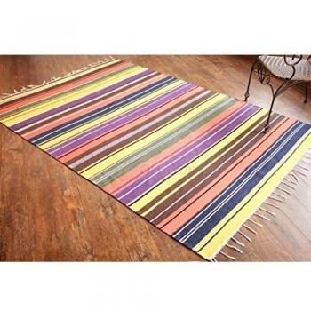 Alfombra de tejido reversible tejido 100% algodón orgánico con tintes vegetales. Estampado a rayas multicolor. Tapete. Medidas: 150x210cm