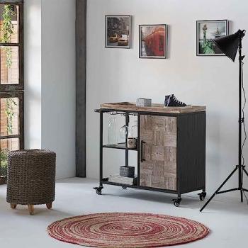 Estantería botellero con ruedas de madera y metal gris, 1 balda, 1 puerta, dimensiones 100 x 40 x 83,5 cm