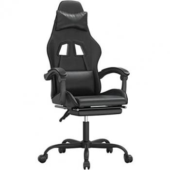 Silla gaming giratoria y reposapiés cuero sintético negro con reposabrazos, inclinación alta ajustable y ruedas para oficina o sala de estar