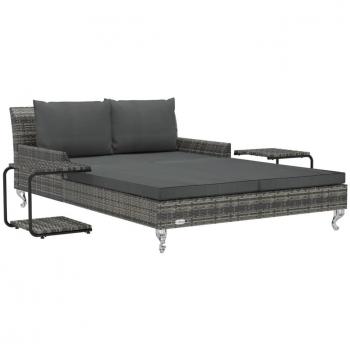 2-Person Gray Poly Rattan Patio Sun Bed with Cushions