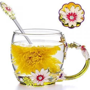 COAWG Taza de Té con Cuchara, Crisantemo Cristales de Cristal Claro Tazas de Té y Café con Mango de Flores Regalo para Abuelas Madres, Maestros,Amigo Cumpleaños Navidad San Valentín 330ml-1Pc