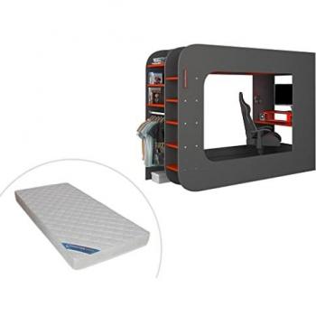 Cama alta gamer 90 x 200 cm - Con escritorio y compartimentos - Con LEDs - Antracita y rojo + colchón - WARRIOR