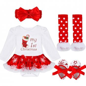 YIZYIF Ropa de Navidad 4 Piezas Traje Mameluco + Una Cinta Para Pelo + Calentador de Pierna + Zapatos Para Bebé-Niñas 3-18 Meses Blanco&Rojo con Media de la Navidad L