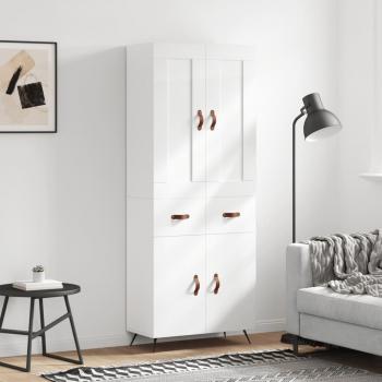 Aparador alto de madera contrachapada blanco brillo 69,5x34x180 cm con 2 puertas y 2 cajones, mueble de almacenaje para salón, buffet y armario auxiliar