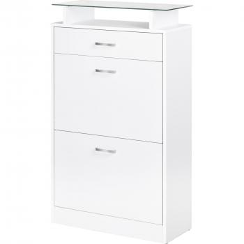 HOMCOM Organizador de Zapatos Multifuncional con 3 Cajones, Estante de Vidrio, Asa de Aluminio, Carga 50 kg, Dimensiones 60x24x105,5 cm, Color Blanco