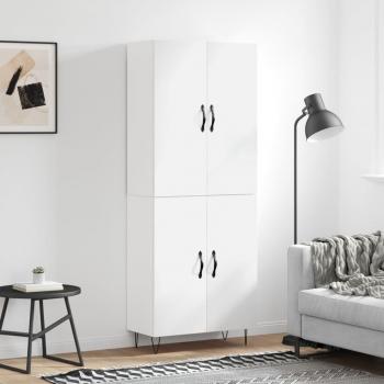 Aparador alto de madera contrachapada blanco brillo 69,5x34x180 cm con 2 puertas, mueble de almacenaje para salón, buffet y armario auxiliar