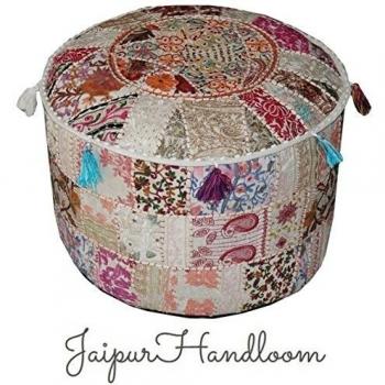 jaipurhandloom Blanco Indio Puf Taburete Vintage Patchwork adornados con Patchwork otomana de salón 46 x 33 cm), diseño o 18 x 13 cm