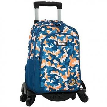 Mochila Adaptable con Trolley Fortnite Blue Camo 42cm, Doble Compartimento, 3 Bolsillos, 4 Ruedas Giratorias Multidireccionales