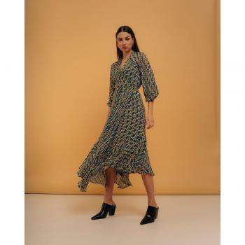 Vestido Midi Envolvente Manga Larga Estampado Geométrico