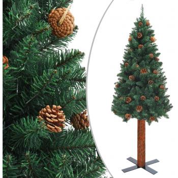 Árbol de Navidad delgado vidaXL 180 cm madera auténtica y piñas PVC