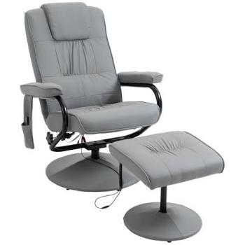 HOMCOM Sillón de Masaje Eléctrico con Reposapiés, Sillón Relax Giratorio Reclinable hasta 145°, Control Remoto, 10 Puntos de Masaje, Tapizado en PU Gris