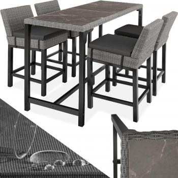 Conjunto de muebles de bar Tectake - Mesa de bar Lovas con 4 sillas Latina, tableros extraíbles de porcelanato gres marmolado, trenzado de ratán sintético de calidad y estructura de aluminio gris