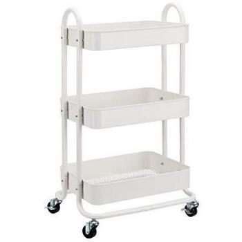 Amazon Basics - Carrito de cocina o multiuso de tres niveles con ruedas en blanco