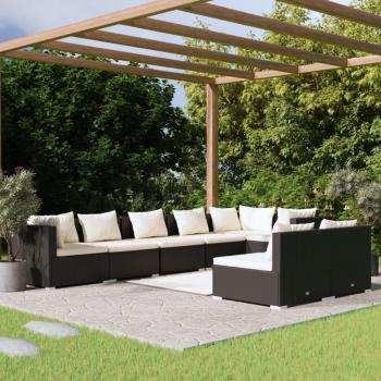 Set de muebles de jardín 8 pzas y cojines ratán sintético negro