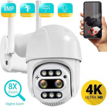Cámara IP PTZ 8MP 4K con Zoom 8x, Detección Humana, Doble Lente, WiFi, Impermeable y Resistente al Viento para Vigilancia Exterior Icsee