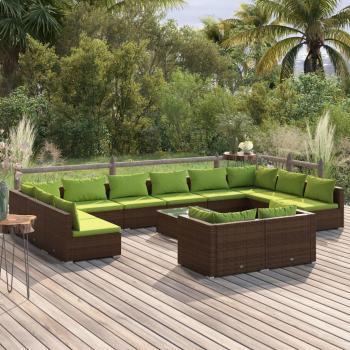 Set de muebles de jardín 13 piezas con cojines de Polyrattan marrón